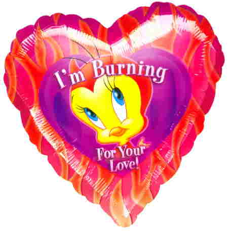 I´m burning for love: ich brenne vor Liebe, Liebesteufelchen Tweety, der Ballon zum Valentinstag, origineller Valentinballon