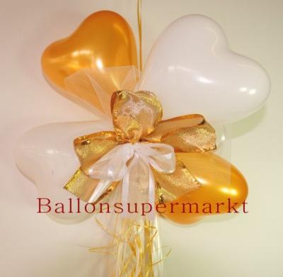 Ballondekoration mit Herzluftballons und Ringelband, Zierschleife in Weiß Gold