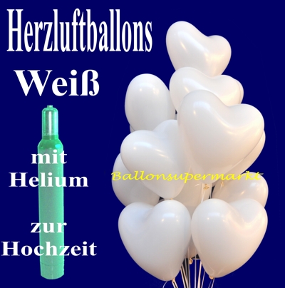 weiße Herzluftballons mit Helium zur weißen Hochzeit, Ballons Helium Sets vom Ballonsupermarkt-Onlineshop