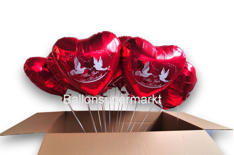 Ballongruß zur Hochzeit. Herzballons aus Folie mit Helium